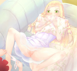 Rule 34 | 10s, 2girls, anus, blonde hair, blunt bangs, blush, braid, cleft of venus, couch, covering own mouth, creatures (company), dress, feet, game freak, highres, lillie (pokemon), long hair, lying, multiple girls, nintendo, on back, panties, panty pull, pillow, pokemon, pokemon (anime), pokemon sm, pokemon sm (anime), print pillow, pussy, selene (pokemon), solo focus, spread legs, stain, twin braids, uncensored, underwear, white dress, white panties, yellow eyes, yuno (mioalice), yuri