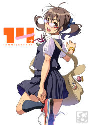 Rule 34 | 1girl, aoi sora (pairan), bag, brown eyes, brown hair, glasses, hair ornament, hairclip, highres, open mouth, pairan, red footwear, school uniform, socks, twintails, white background