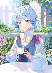 Rule 34 | 1girl, ayaka (genshin impact), blue bow, blue dress, blue eyes, blue flower, blue hair, blush, bow, braid, chahei, cup, detached collar, dress, flower, genshin impact, hair bow, highres, kamisato ayaka, kamisato ayaka (springbloom missive), light blue hair, long sleeves, looking at viewer, mole, official alternate costume, outdoors, parted lips, sitting, smile, solo, table, teacup, teapot, white flower