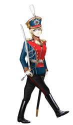 Rule 34 | 1girl, belt, black footwear, blonde hair, blue eyes, boots, buttons, double-breasted, epaulettes, full body, gloves, gorget, hat, highres, holding, holding sheath, holding sword, holding weapon, holster, katyusha (98269886), long sleeves, looking to the side, marching, military, military hat, military uniform, mole, mole under eye, open mouth, original, pants, plume, russia, russian army, russian empire, saber (weapon), scabbard, shako cap, sheath, sidelocks, simple background, smile, solo, standing, sword, uniform, unsheathed, weapon, white background, white gloves, world war i