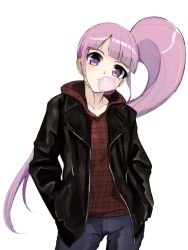 Rule 34 | 13-gou, 1girl, blowing bubbles, chewing gum, collarbone, denim, hands in pockets, jacket, jeans, long hair, looking at viewer, pants, pretty series, pripara, purple eyes, purple hair, side ponytail, simple background, solo, toudou shion, white background