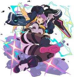 Rule 34 | 1girl, android, arms up, artist request, ass, blonde hair, blue coat, blue footwear, blunt bangs, blush, boots, breasts, cardiogram, chainsaw, coat, elbow pads, electricity, facial mark, female focus, from below, full body, green pupils, headphones, highres, hime cut, holding, holding chainsaw, joints, jumping, leotard, light blush, long hair, long sleeves, looking down, magnetic weapon, mecha, medium breasts, multicolored hair, non-web source, official art, open clothes, open coat, open mouth, orange eyes, purple hair, railgun, robot, sharp teeth, sidelocks, solo, sparkle, streaked hair, teeth, transparent background, twink (world flipper), two-handed, two-sided coat, two-sided fabric, two-tone hair, v-shaped eyebrows, white leotard, world flipper