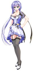Rule 34 | 1girl, amasaka takashi, aqua eyes, breasts, cleavage, dress, full body, grey thighhighs, hair ornament, hairclip, hand on own hip, highres, large breasts, light purple hair, long hair, looking at viewer, official art, open mouth, selphine flowlight, short sleeves, smile, solo, standing, thighhighs, transparent background, unionism quartet, unionism quartet a-3 days, very long hair, zettai ryouiki