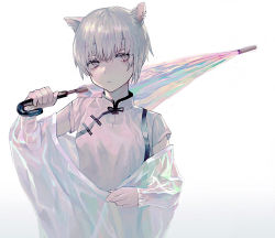 Rule 34 | 1girl, animal ears, cat ears, cat girl, chinese clothes, closed mouth, earrings, gradient background, holding, holding umbrella, jewelry, original, purple eyes, solo, umbrella, white hair, white theme, white umbrella, zumochi