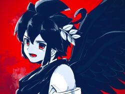 1boy ahoge alternate_color alternate_skin_color androgynous black_scarf black_wings colored_skin dark_angel dark_pit feathered_wings hair_between_eyes kid_icarus kid_icarus_uprising laurel_crown limited_palette lower_teeth_only male_focus nintendo open_mouth portrait red_background red_eyes scarf short_hair sidelocks single_bare_shoulder solo spiked_hair teeth waffuum white_skin wings