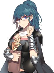 Rule 34 | 1girl, alternate hairstyle, armor, black cape, blue eyes, blue hair, book, breasts, byleth (female) (fire emblem), byleth (fire emblem), cape, cleavage, closed mouth, fire emblem, fire emblem: three houses, glasses, highres, holding, holding book, nintendo, ponytail, red-framed eyewear, simple background, solo, upper body, white background, yappen