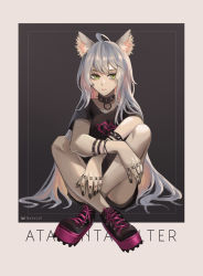Rule 34 | 1girl, absurdres, ahoge, animal ear fluff, animal ears, artist name, atalanta (fate), atalanta alter (fate), black choker, black collar, black footwear, black nails, black shirt, blouse, border, bracelet, casual, cat ears, character name, choker, closed mouth, collar, commentary request, cross-laced footwear, crossed ankles, dated, fate (series), finger tattoo, fingernails, green eyes, grey background, highres, jewelry, knees, knees up, long fingernails, long hair, looking at viewer, nail polish, outside border, platform footwear, print shirt, punk, shirt, shoelaces, shoes, short sleeves, signature, silver hair, simple background, sitting, solo, studded bracelet, studded collar, t-shirt, tattoo, thighs, tsukimiya akira, v-neck, very long hair