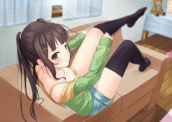 Rule 34 | 1girl, bad id, bad nicoseiga id, bed, bed sheet, black thighhighs, blue bow, blue bowtie, blunt bangs, blurry, bow, bowtie, bra, breasts, brown eyes, brown hair, carpet, cleavage, closed mouth, collarbone, couch, curtains, denim, denim shorts, depth of field, downblouse, dressing, expressionless, from behind, green jacket, hair ornament, hair ribbon, hairclip, highres, indoors, jacket, knee up, leaning back, leg up, lips, long sleeves, looking back, on couch, open clothes, open jacket, original, ribbon, sasami (hallo), short hair with long locks, short shorts, short twintails, shorts, sidelocks, small breasts, solo, stuffed animal, stuffed toy, tareme, teddy bear, thighhighs, transparent, twintails, underwear, white ribbon, window, windowsill, wooden floor, yellow bra, zettai ryouiki
