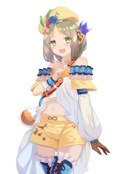 Rule 34 | 1girl, alternate costume, atelier (series), atelier firis, beret, blue flower, blue rose, blush, brown hair, detached sleeves, firis mistlud, flower, gloves, green eyes, hair ornament, hat, hat flower, highres, long hair, looking at viewer, navel, open mouth, puffy sleeves, rose, ryuuno6, shorts, simple background, smile, solo, white background, yellow hat, yellow shorts
