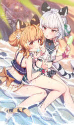 Rule 34 | 2girls, animal ears, bai (granblue fantasy), bare shoulders, barefoot, bikini, bikini skirt, blonde hair, breasts, caustics, closed mouth, copyright name, day, double bun, feet, flower, food, frilled bikini, frills, granblue fantasy, hair bun, hair flower, hair ornament, hand up, highres, huang (granblue fantasy), laolao (granblue fantasy), legs, looking at another, looking at viewer, mouth hold, multiple girls, ocean, open mouth, orange eyes, outdoors, partially submerged, popsicle, sand, scrunchie, shade, short hair, sitting, small breasts, smile, sparkle, sweatdrop, swimsuit, tail, tiger ears, tiger girl, tiger tail, toenails, toes, twitter username, v, wariza, water, white hair, wrist scrunchie, yellowpaint.
