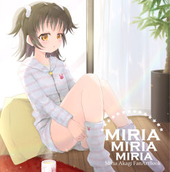 Rule 34 | 1girl, absurdres, akagi miria, black hair, blush, character name, collarbone, commentary request, cup, highres, hood, hooded jacket, idolmaster, idolmaster cinderella girls, indoors, jacket, knees together feet apart, knees up, long sleeves, looking ahead, loose socks, mug, plant, potted plant, shorts, sitting, socks, solo, steam, striped clothes, striped jacket, striped shorts, two side up, zariganippoi