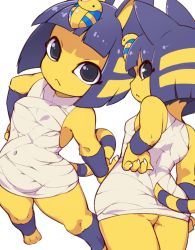 Rule 34 | 1girl, animal crossing, animal ears, ankha (animal crossing), ass, bandages, black eyes, bob cut, closed mouth, colored skin, covered navel, dress, egyptian, from behind, fukurou (owl222), furry, furry female, hair ornament, highres, looking at viewer, nintendo, purple hair, short hair, simple background, snake hair ornament, solo, striped tail, tail, white background, white dress, yellow skin