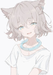 Rule 34 | 1girl, animal ear fluff, animal ears, blue eyes, brown hair, cat ears, cat girl, commentary request, ear piercing, fangs, kinutani yutaka, looking at viewer, multicolored eyes, open mouth, orange eyes, original, piercing, shirt, short hair, short sleeves, simple background, solo, upper body, white background, white shirt