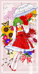 Rule 34 | 1girl, absurdres, ascot, blue flower, bow, bug, butterfly, chamomile, collared shirt, cosmos (flower), daisy, flower, frilled skirt, frills, full body, green hair, highres, holding, holding umbrella, insect, kazami yuuka, lily (flower), long skirt, long sleeves, looking at viewer, orange flower, parasol, petals, pink flower, plaid, plaid skirt, plaid vest, purple flower, red eyes, red flower, red rose, red skirt, red vest, ringocha, rose, shirt, short hair, skirt, skirt set, smile, solo, spider lily, sunflower, touhou, tulip, umbrella, vest, wavy hair, white butterfly, white flower, white shirt, yellow ascot, yellow butterfly, yellow flower