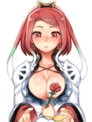 Rule 34 | 1boy, 1girl, bad id, bad pixiv id, blush, breasts, cleavage, colored tips, dress, earrings, flower, jewelry, laphicet (tales), large breasts, looking at viewer, mature female, mother and son, multicolored hair, parted lips, ponytail, red eyes, red hair, rose, seres (tales), short hair, solo focus, tales of (series), tales of berseria, white background