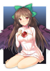 Rule 34 | 1girl, 47agdragon, bow, breasts, brown hair, cleavage cutout, clothing cutout, feathered wings, hair bow, hair ribbon, highres, long hair, looking at viewer, meme attire, open-chest sweater, outside border, parted lips, red eyes, reiuji utsuho, ribbed sweater, ribbon, sitting, solo, sweater, third eye, touhou, wings