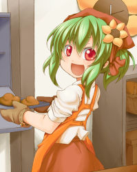 Rule 34 | 1girl, aged down, apron, bad id, bad pixiv id, baking, bread, brown gloves, chibi, child, female focus, flower, food, gloves, green hair, hair flower, hair ornament, head scarf, highres, kashipam003, kazami yuuka, open mouth, oven mitts, red eyes, red skirt, shirt, shop, skirt, sleeves pushed up, smile, solo, touhou, white shirt