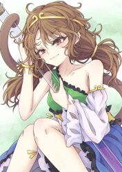 Rule 34 | 1girl, blue dress, blush, brown hair, circlet, closed mouth, collarbone, detached sleeves, dress, feet out of frame, green dress, highres, long hair, low twintails, monkey girl, monkey tail, multicolored clothes, multicolored dress, neko mata, red eyes, short hair, single detached sleeve, solo, son biten, tail, test tube, touhou, twintails, white sleeves, yellow dress
