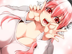 Rule 34 | 1girl, blush, breasts, cleavage, headphones, isna (footprintsofisna), large breasts, long hair, looking at viewer, nitroplus, open mouth, pink hair, red eyes, smile, solo, super sonico