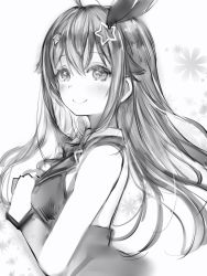 Rule 34 | 1girl, blush, closed mouth, floating hair, from side, greyscale, hair flaps, hair ornament, hands up, highres, hololive, long hair, looking at viewer, looking to the side, monochrome, nanashi (nlo), smile, solo, star (symbol), star hair ornament, tokino sora, tokino sora (1st costume), upper body, virtual youtuber