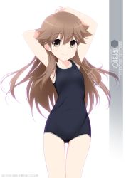 Rule 34 | 1girl, arashio (kancolle), arms behind head, artist name, black one-piece swimsuit, breasts, brown eyes, brown hair, character name, commentary request, cowboy shot, highres, inaba shiki, kantai collection, long hair, looking at viewer, new school swimsuit, one-hour drawing challenge, one-piece swimsuit, school swimsuit, simple background, small breasts, solo, swimsuit, white background