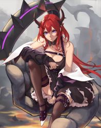 Rule 34 | 1girl, absurdres, arknights, black dress, collar, demon girl, dress, giant hand, high heels, highres, long hair, looking at viewer, purple eyes, red hair, sitting, slit pupils, spiked collar, spikes, surtr (arknights), thighhighs, vincent ky