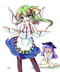 Rule 34 | &gt; &lt;, 2girls, blue hair, blush, bow, bow panties, breasts, clothes theft, cosplay, daiyousei, embarrassed, closed eyes, female focus, food, fruit, green eyes, green hair, green panties, hair bow, hat, hinanawi tenshi, hinanawi tenshi (cosplay), long hair, medium breasts, merri, multicolored hair, multiple girls, panties, pantyhose, peach, side ponytail, sitting, skirt, tank top, theft, touhou, underwear, underwear only, v arms, wings