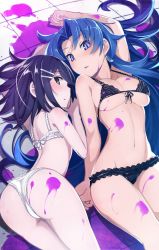 Rule 34 | 2girls, :o, alice (mary skelter), arm up, ass, back, bare arms, bare legs, bare shoulders, black bra, black hair, black panties, blue hair, blush, bra, breasts, cinderella (mary skelter), cleavage, clenched hand, earrings, female focus, from above, hair ornament, hairclip, hand up, highres, jewelry, large breasts, legs, lingerie, long hair, looking at viewer, looking back, lying, mary skelter, midriff, multiple girls, nanameda kei, navel, neck, on back, on floor, on side, open mouth, panties, parted bangs, purple eyes, short hair, side-by-side, underboob, underwear, underwear only, very long hair, white bra, white panties, yellow eyes