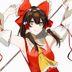 Rule 34 | 1girl, arms up, bare shoulders, blush, bow, brown eyes, brown hair, closed mouth, collar, detached sleeves, gohei, hair between eyes, hair tubes, hakurei reimu, hands up, ikasoba, long sleeves, red bow, red vest, short hair, simple background, smile, solo, touhou, upper body, vest, white background, white collar, white sleeves, yellow neckwear