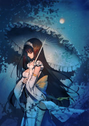 Rule 34 | 1girl, absurdres, black hair, breasts, chang&#039;e (destiny child), chinese clothes, cleavage, closed eyes, closed mouth, deme (karesuki), destiny child, detached sleeves, dress, eyelashes, eyeshadow, feet out of frame, frills, full moon, headdress, highres, holding, holding umbrella, lace trim, long hair, long sleeves, makeup, medium breasts, moon, night, night sky, outdoors, pelvic curtain, side slit, sky, sleeves past wrists, smile, solo, standing, star (sky), starry sky, thighs, transparent, tree, umbrella, very long hair, white dress, wide sleeves