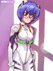 Rule 34 | 00s, 1girl, 2007, artist name, ayanami rei, ayanami rei (cosplay), bodysuit, bracer, breasts, cosplay, cowboy shot, crossover, dated, glasses, gloves, hair between eyes, hair ornament, hand on own hip, interface headset, lens flare, look-alike, looking to the side, neon genesis evangelion, pilot suit, plugsuit, purple background, semi-rimless eyewear, shadow, sketch, small breasts, solo, tabitha (zero no tsukaima), thigh gap, trait connection, turtleneck, under-rim eyewear, zero hime, zero no tsukaima