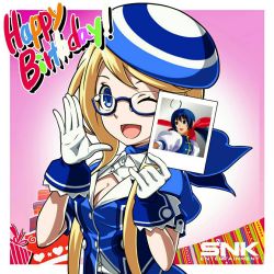Rule 34 | 1girl, ;), ascot, beret, blonde hair, blue-framed eyewear, blue ascot, blue eyes, breasts, cleavage, enta girl, falcoon, fatal fury, futaba hotaru, garou: mark of the wolves, glasses, gloves, happy birthday, hat, highres, logo, mascot, official art, one eye closed, polaroid, promotional art, semi-rimless eyewear, small breasts, smile, snk, solo, the king of fighters, white gloves, wrist cuffs