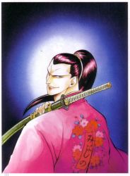 Rule 34 | highres, katana, kibagami genjuro, long hair, male focus, official art, red hair, samurai spirits, smirk, snk, sword, weapon