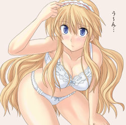 Rule 34 | 1girl, aged up, alice margatroid, alternate costume, alternate hairstyle, bent over, blonde hair, blue eyes, blush, bow, bra, breasts, cleavage, collarbone, curvy, embarrassed, female focus, hairband, hand on thigh, lace, lace-trimmed bra, lace trim, large breasts, lingerie, long hair, panties, pink background, simple background, solo, takaku toshihiko, thighs, touhou, underwear, underwear only, very long hair, white panties, wide hips