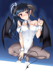 Rule 34 | 1girl, :&gt;, bare shoulders, black hair, black pantyhose, blush, breasts, cameltoe, covered erect nipples, demon girl, demon horns, demon tail, demon wings, detached collar, detached sleeves, hair ribbon, highres, horns, large breasts, leotard, long hair, navel, necktie, nipples, nontraditional playboy bunny, original, pantyhose, playboy bunny, puffy detached sleeves, puffy nipples, puffy sleeves, red eyes, ribbon, side ponytail, smile, solo, squatting, suzume inui, tail, tiptoes, wings, wrist cuffs