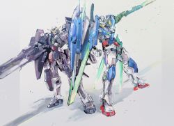 Rule 34 | aqua eyes, clenched hand, commentary, energy cannon, energy gun, energy weapon, gun, gundam, gundam 00, gundam 00 festival 10 &quot;re:vision&quot;, gundam dynames repair iii, gundam exia repair iv, highres, holding, holding gun, holding sword, holding weapon, kare (0621utak), mecha, mobile suit, no humans, robot, science fiction, shadow, shield, side-by-side, simple background, standing, sword, v-fin, weapon, white background