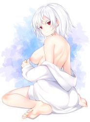 Rule 34 | 1girl, akira (otokuyou), ass, bad id, bad pixiv id, barefoot, breasts, closed mouth, colored eyelashes, commentary request, expressionless, feet, from behind, full body, highres, long sleeves, looking at viewer, looking back, medium breasts, nipples, no bra, off shoulder, original, otokuyou, shadow, short hair, sitting, solo, sweater, wariza, white hair, white sweater