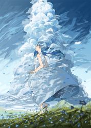 Rule 34 | 1girl, agas (vpwt7475), bad id, bad pixiv id, blue hair, cloud, day, dress, floating hair, flower, from side, grass, long hair, looking up, original, outdoors, parted lips, smile, solo, sundress, white dress, wind