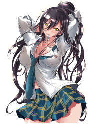 Rule 34 | 1girl, arms behind head, black hair, blush, breasts, cleavage, collarbone, commentary request, covered erect nipples, dog tags, dress shirt, earrings, green neckwear, hair between eyes, high ponytail, highres, idolmaster, idolmaster shiny colors, jewelry, large breasts, loose necktie, miniskirt, necktie, nipples, plaid, plaid skirt, pleated skirt, ponytail, school uniform, shirase sakuya, shirt, skirt, sleeves rolled up, thighs, unbuttoned, white shirt, yazawa mana, yellow eyes