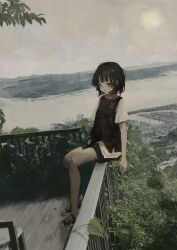 1girl absurdres black_hair black_shirt black_shorts brown_eyes eliot_(eokaitekaite969) expressionless highres jewelry looking_at_viewer necklace on_railing original outdoors overcast plant railing river shirt short_hair short_sleeves shorts sky solo water white_sleeves