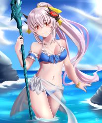 Rule 34 | 1girl, armband, bangle, bikini, blue bikini, blue sky, blush, bracelet, breasts, cleavage, day, fate/grand order, fate (series), highres, holding, holding staff, horns, jewelry, kiyohime (fate), kiyohime (swimsuit lancer) (third ascension) (fate), long hair, looking at viewer, medium breasts, navel, outdoors, pink hair, ponytail, red eyes, sidelocks, sky, smile, solo, staff, standing, sunlight, swimsuit, vdrn1dd2gxldt3g, water