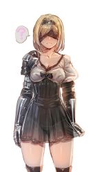 Rule 34 | 1girl, ?, arms at sides, blindfold, blonde hair, bow (bhp), breasts, cleavage, cosplay, djeeta (granblue fantasy), fighter (granblue fantasy), granblue fantasy, nier (series), nier:automata, see-through, skirt, skirt tug, solo, spoken question mark, sweatdrop, thighhighs, thighs, white background, 2b (nier:automata), 2b (nier:automata) (cosplay)