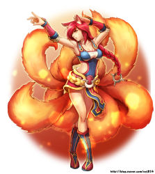 Rule 34 | 1girl, ahri (league of legends), alternate costume, alternate hair color, animal ears, armpits, braid, breasts, cleavage, collarbone, facial mark, fox ears, fox tail, foxfire ahri, highres, large breasts, league of legends, long hair, multiple tails, red hair, single braid, solo, tail, whisker markings, yellow eyes