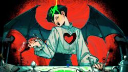 Rule 34 | 1boy, androgynous, bat wings, black hair, black nails, book, butter knife, commentary request, dagger, earrings, egg, fangs, fingernails, fork, glass, green eyes, head tilt, heart, highres, hole on body, jewelry, knife, long fingernails, male focus, natchan blue (nanairopenki), one eye closed, open mouth, original, plate, puffy sleeves, red background, short hair, smile, solo, spilling, stud earrings, upper body, weapon, wings
