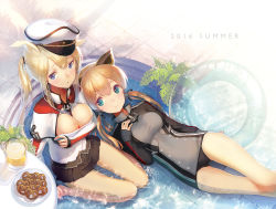 Rule 34 | 10s, 2016, 2girls, animal ears, aqua eyes, arm at side, bad id, bad pixiv id, black skirt, blonde hair, blue eyes, breast hold, breasts, capelet, checkered floor, cleavage cutout, clothing cutout, embarrassed, fox ears, from above, graf zeppelin (kancolle), hair between eyes, hand on own chest, hat, innertube, kantai collection, kemonomimi mode, large breasts, long hair, looking at viewer, lying, medium breasts, military, military uniform, multiple girls, no legwear, no pants, on back, partially submerged, peaked cap, pleated skirt, prinz eugen (kancolle), rabbit ears, ritsuki, short twintails, sitting, skirt, smile, swim ring, thighs, tile floor, tiles, twintails, uniform, water