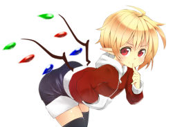 Rule 34 | 1girl, ahoge, alternate hairstyle, bad id, bad pixiv id, black thighhighs, blonde hair, blush, finger to mouth, flandre scarlet, hair down, hood, hoodie, long sleeves, looking at viewer, mantarou (shiawase no aoi tori), no headwear, pointy ears, red eyes, short hair, shorts, simple background, smile, solo, thighhighs, touhou, white background, wings