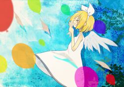 Rule 34 | 1girl, angel wings, balloon, blonde hair, blush, branch, closed eyes, commentary request, covered mouth, dress, hairband, holding, holding paper, kagamine rin, noaxao, paper, solo, vocaloid, white dress, white hairband, white wings, wings