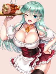 Rule 34 | 1girl, akizuki akina, apron, aqua hair, blue eyes, blush, breasts, brown thighhighs, cleavage, commentary request, dirndl, dress, food, german clothes, hair ornament, hairclip, hand on own hip, holding, holding tray, kantai collection, large breasts, long hair, looking at viewer, neck ribbon, oktoberfest, open mouth, ribbon, simple background, skindentation, smile, solo, suzuya (kancolle), thighhighs, thighs, tray