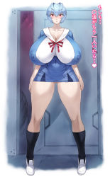 Rule 34 | 1girl, absurdres, ahoge, ayanami rei, blue hair, breasts, covered erect nipples, cowboy shot, eyebrows, full body, furrowed brow, hair between eyes, highres, hip bones, huge breasts, japanese text, looking at viewer, microskirt, miniskirt, mogudan, neon genesis evangelion, open mouth, puffy nipples, red neckwear, red ribbon, ribbon, sailor collar, school uniform, shirt, short hair, skin tight, skirt, solo, thick thighs, thighs, tight clothes, tokyo-3 middle school uniform, translation request, white shirt, wide hips