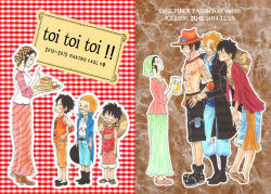 Rule 34 | 3boys, bandana, black hair, blonde hair, brothers, cup, dual persona, east blue, hat, makino (one piece), male focus, monkey d. luffy, mug, multiple boys, multiple persona, one piece, portgas d. ace, sabo (one piece), topless male, shorts, siblings, smile, aged down